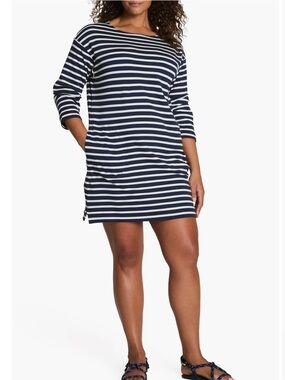 SPANX Cool Cotton Boatneck Midi Dress Navy/white size L